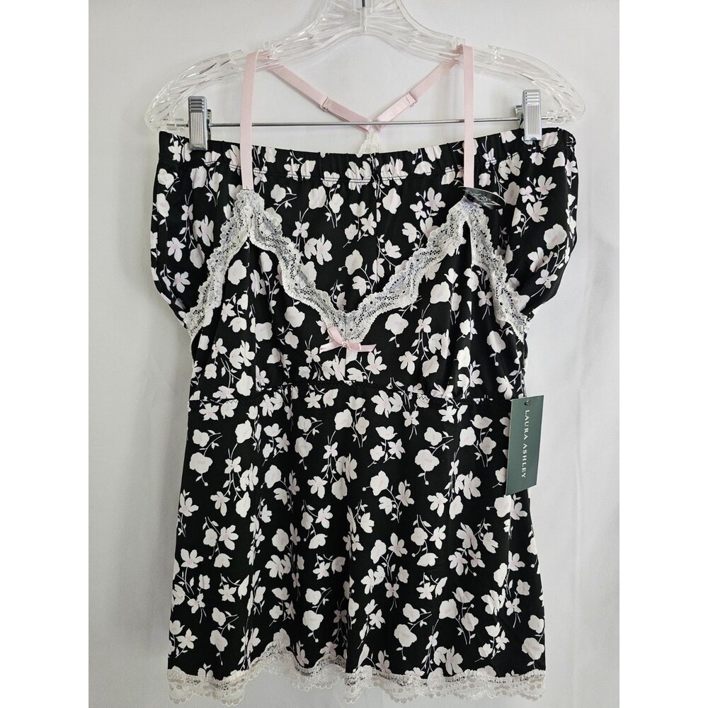 Laura Ashley Womens Size Large Black Floral Lace Trim Pajama Cami Shorts Set NWT